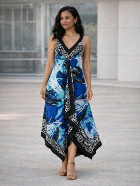Style & Co Sleeveless Handkerchief Maxi Sun Dress Turquoise/Black, Size PP
